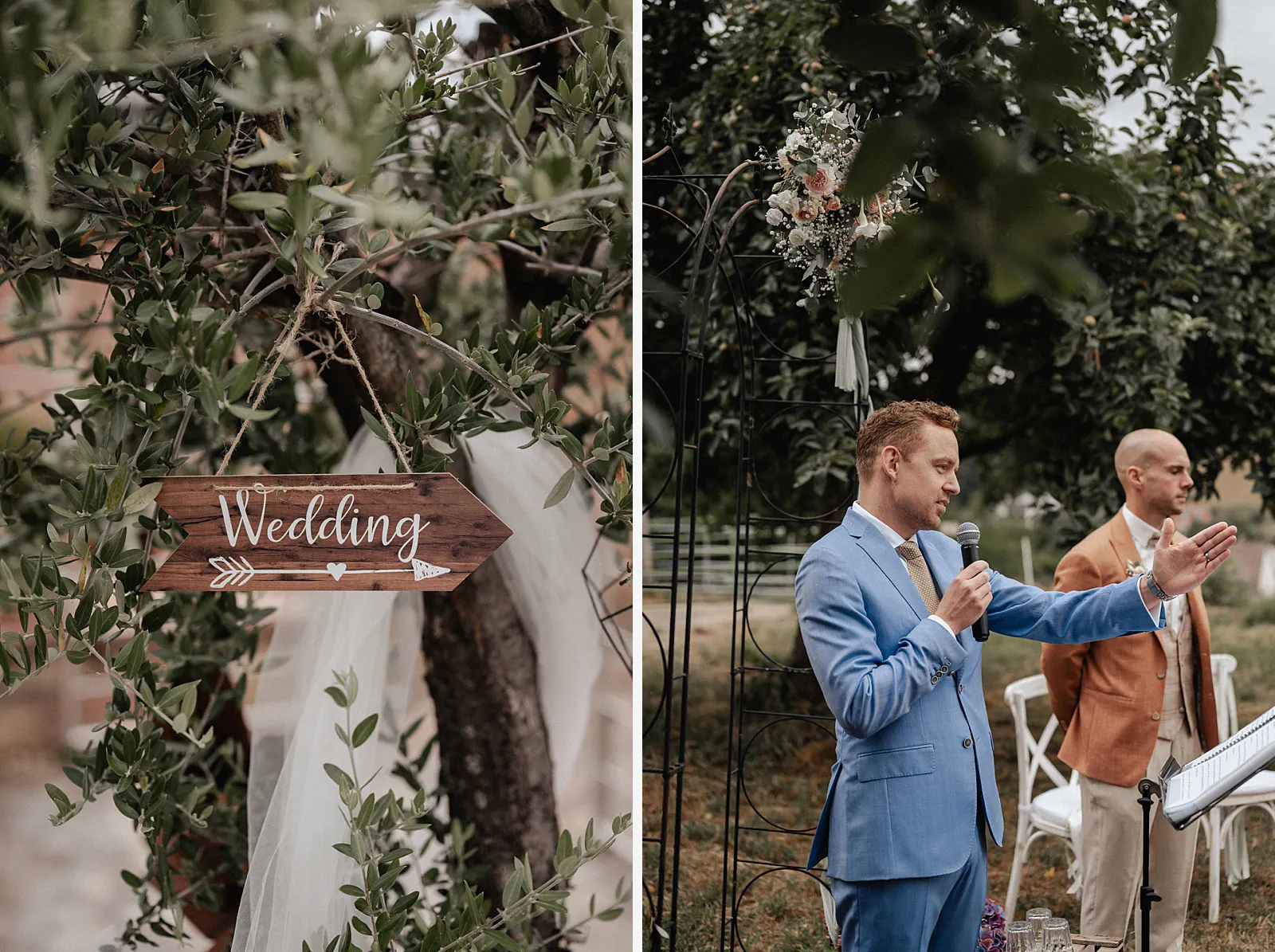 2er-Collage: ‚Wedding‘-Schild als Deko am Baum und Redner bei der freien Trauung im Garten – Spessarthof, Aura im Sinngrund (Sinngrund, Bayern).