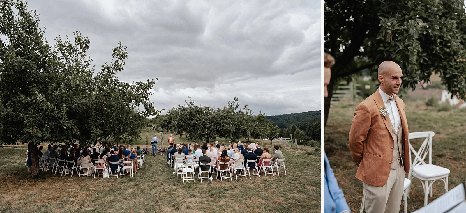 2er-Collage: freie Trauung unter Bäumen mit Blick über die Obstwiese und der Bräutigam während der Zeremonie – Spessarthof, Aura im Sinngrund (Verwaltungsgemeinschaft Burgsinn, Bayern).