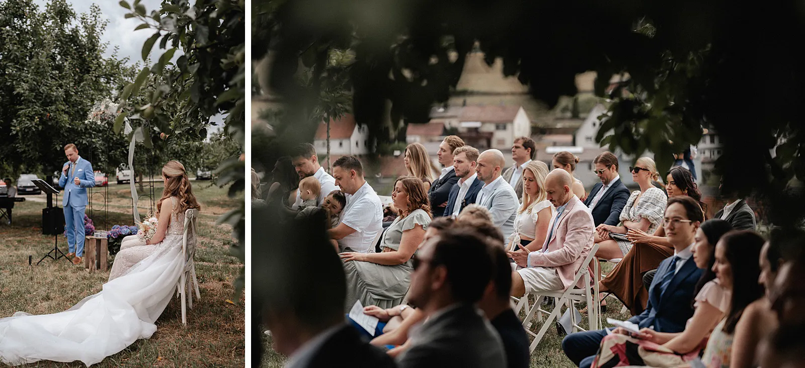 Freie Trauung im Obstgarten am Spessarthof: Die Braut sitzt vorne, während die Gäste zwischen den Bäumen der Zeremonie in Aura im Sinngrund folgen.