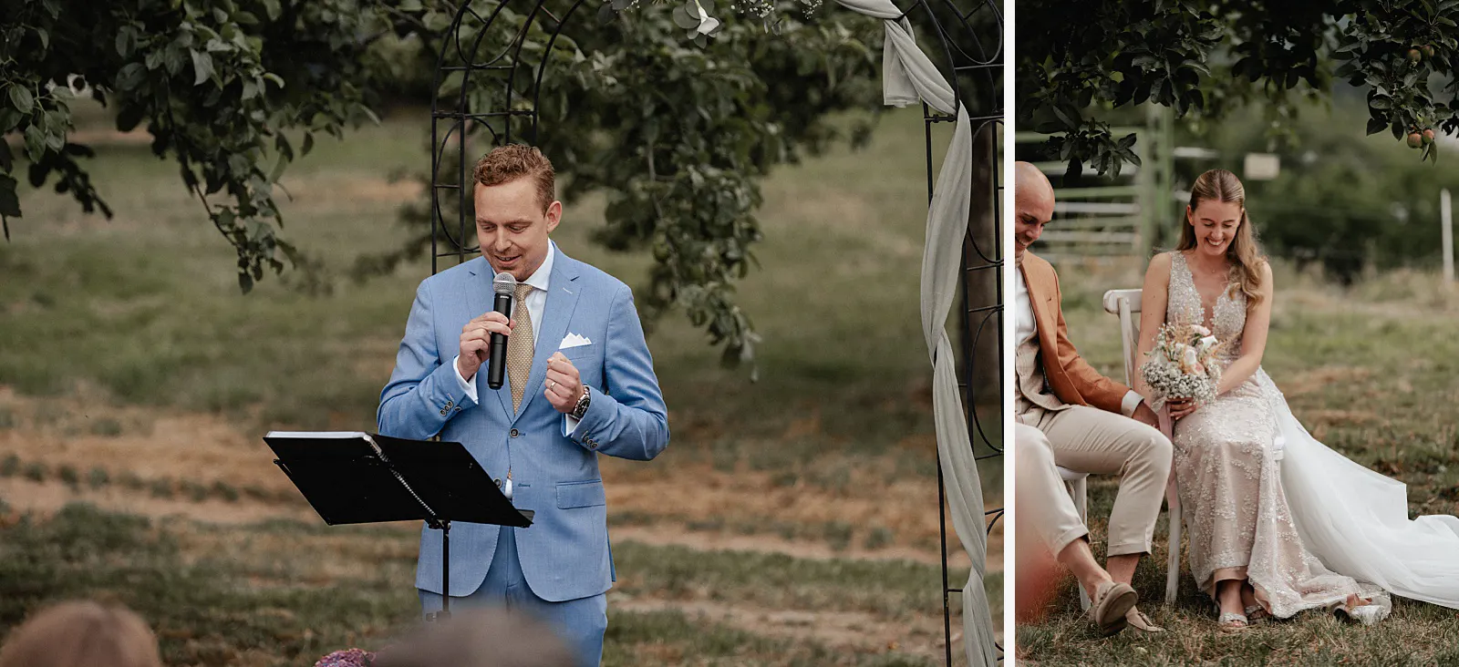2er-Collage: freier Redner spricht am Mikrofon und das Brautpaar sitzt lächelnd während der Zeremonie – Spessarthof, Aura im Sinngrund (bei Burgsinn, Bayern).