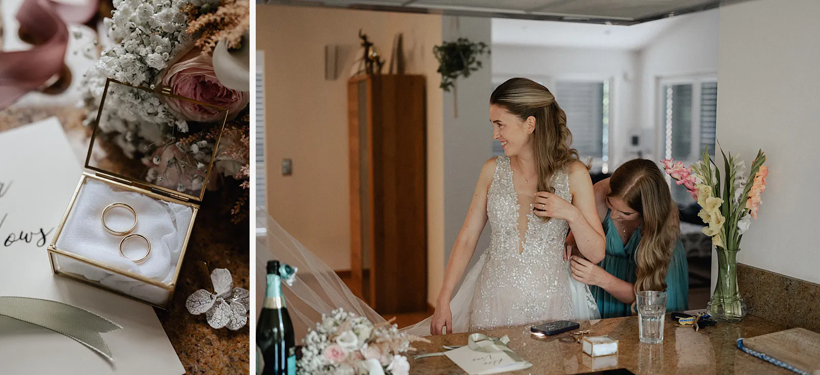 2er-Collage: Eheringe in einer Ringbox neben Blumen und die Braut wird beim Getting Ready ins Kleid geholfen – Spessarthof, Aura im Sinngrund (Naturpark Bayerischer Spessart, Bayern).