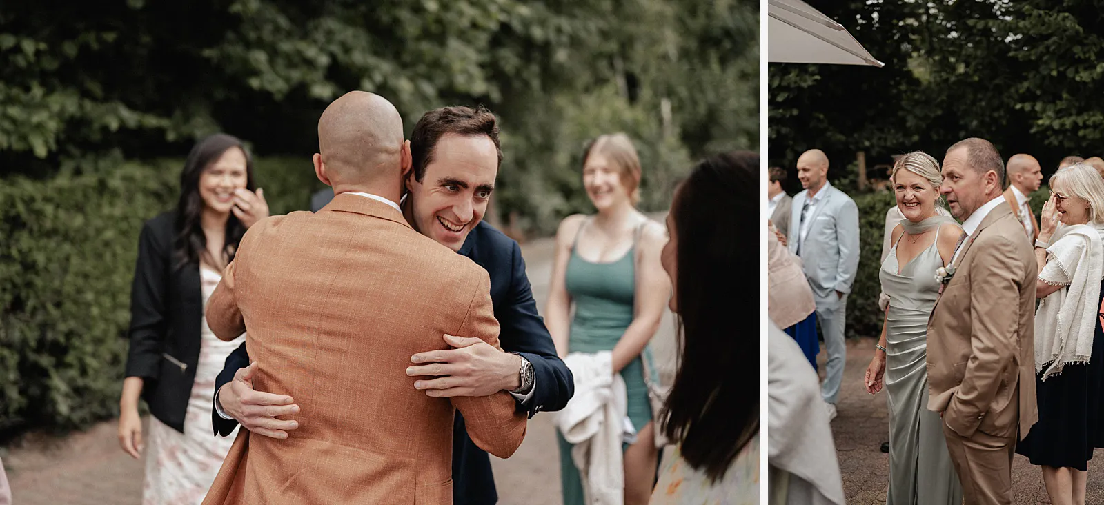 2er-Collage: Gäste gratulieren mit einer Umarmung und stehen beim Sektempfang zusammen – Spessarthof, Aura im Sinngrund (Spessart, Bayern).