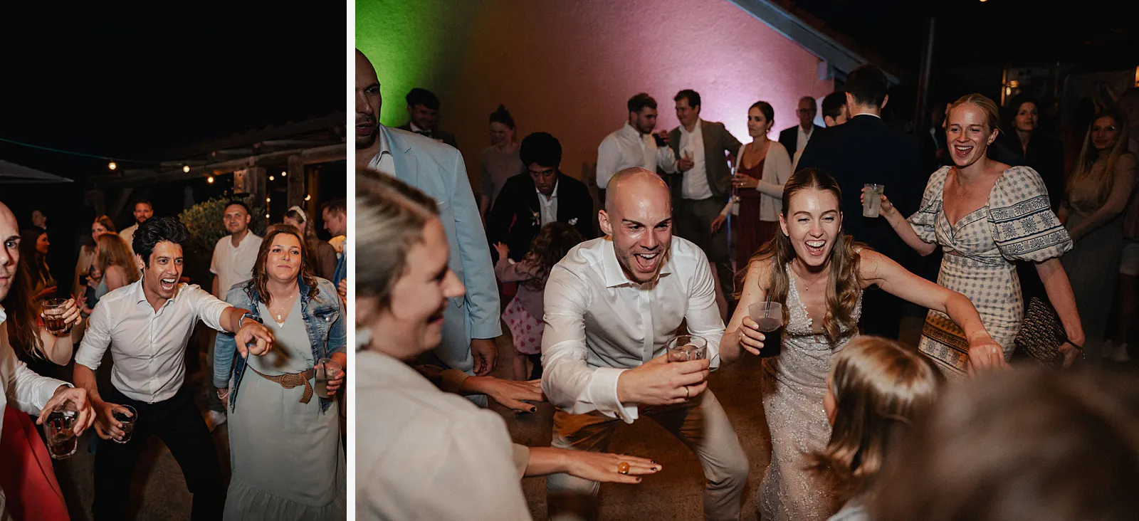 Zweiteilige Collage: ausgelassene Party und Tanzfläche am Abend, das Brautpaar mittendrin mit Drinks und lachenden Gästen – Spessarthof, Aura im Sinngrund, Bayern (Unterfranken).