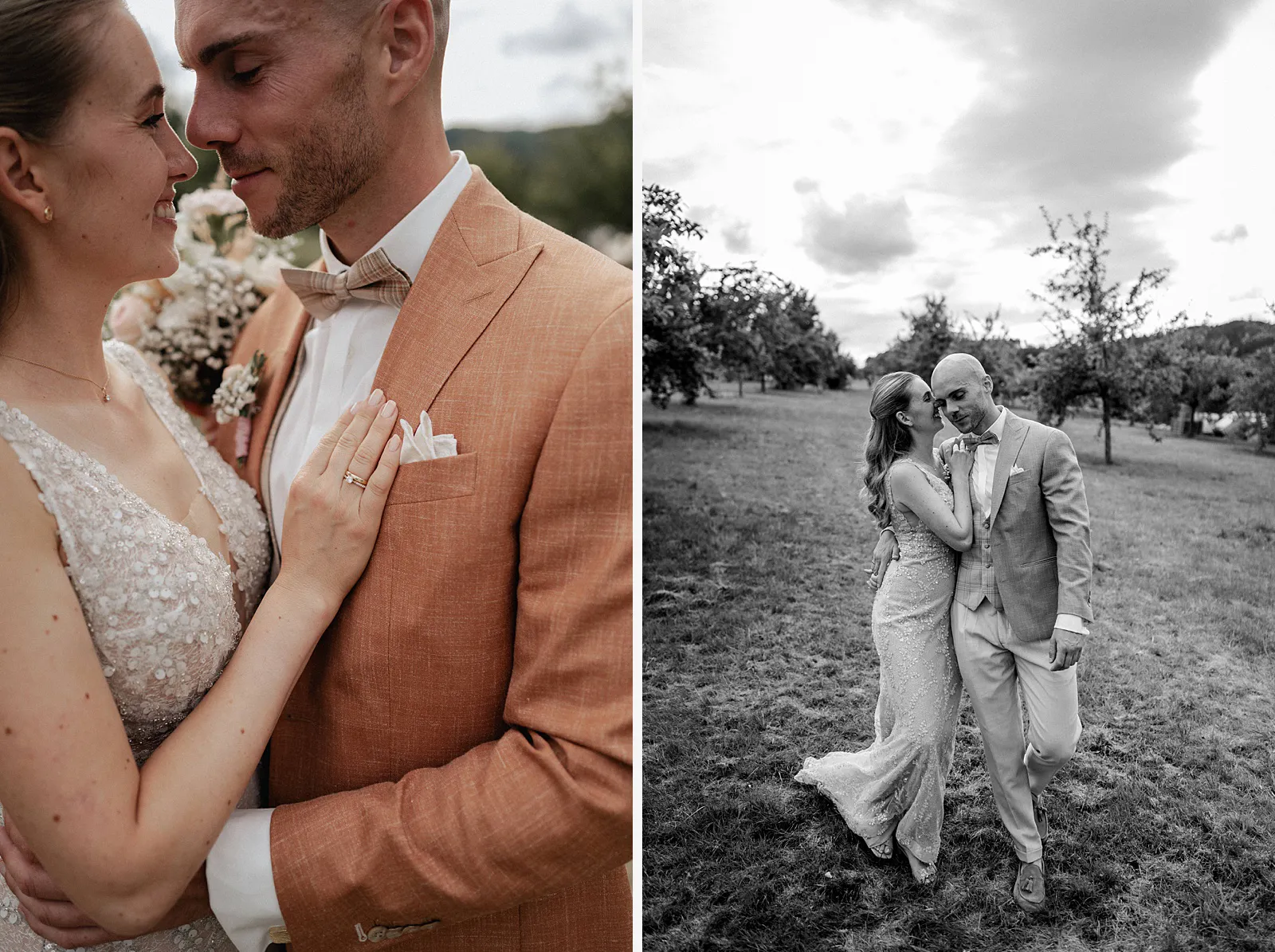 2er-Collage: intimes Close-up vom Brautpaar und Schwarzweiß-Aufnahme beim Spaziergang im Obstgarten am Spessarthof in Aura im Sinngrund, Bayern – Hochzeit in Unterfranken.
