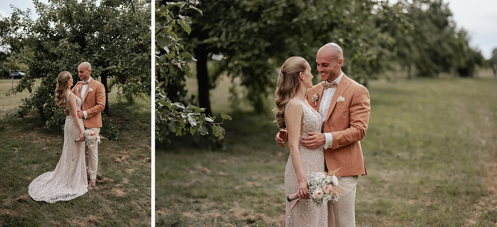 Brautpaarshooting auf der Obstwiese am Spessarthof in Aura im Sinngrund, Bayern – ruhige Paarmomente in Unterfranken.