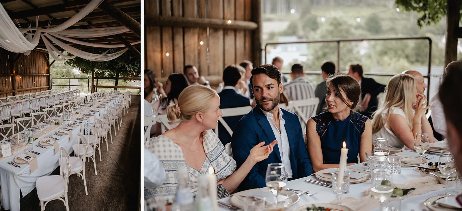 2er-Collage: lange Festtafel in der Scheune und Gäste beim Abendessen am Spessarthof in Aura im Sinngrund, Bayern – Hochzeit im Landkreis Main-Spessart.