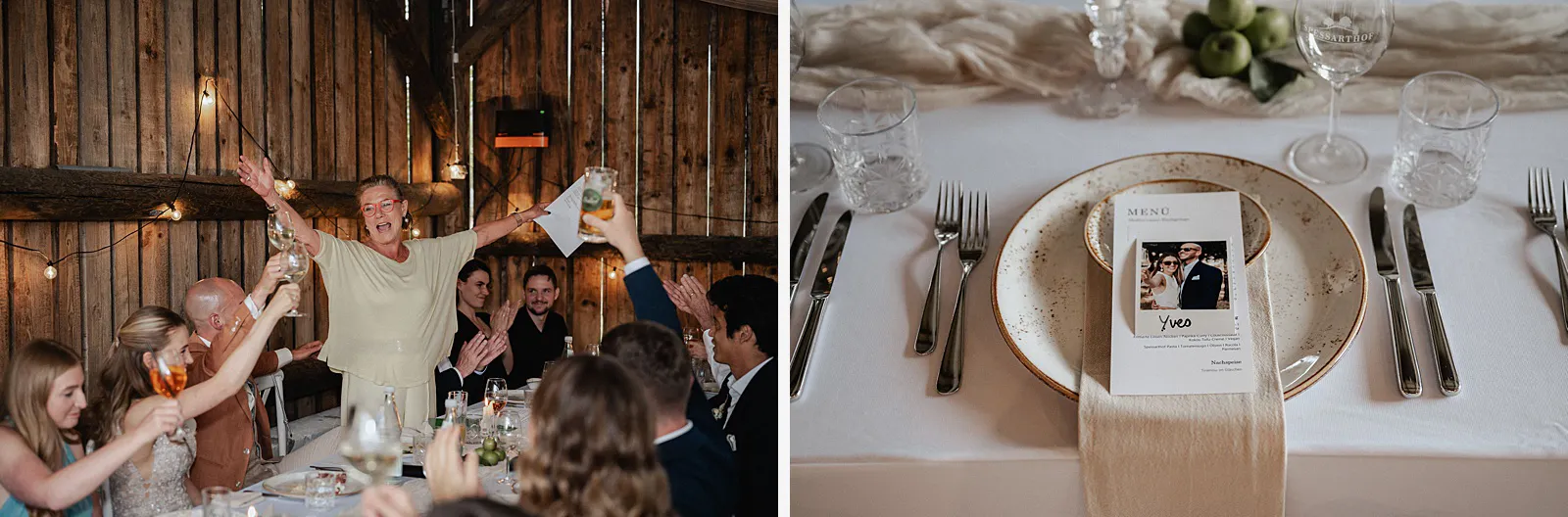 2er-Collage: ausgelassene Stimmung bei einer Hochzeitsrede in der Scheune, daneben ein Detail der Tischdeko mit Menükarte und gedecktem Platz – Spessarthof, Aura im Sinngrund, Bayern (Landkreis Main-Spessart).