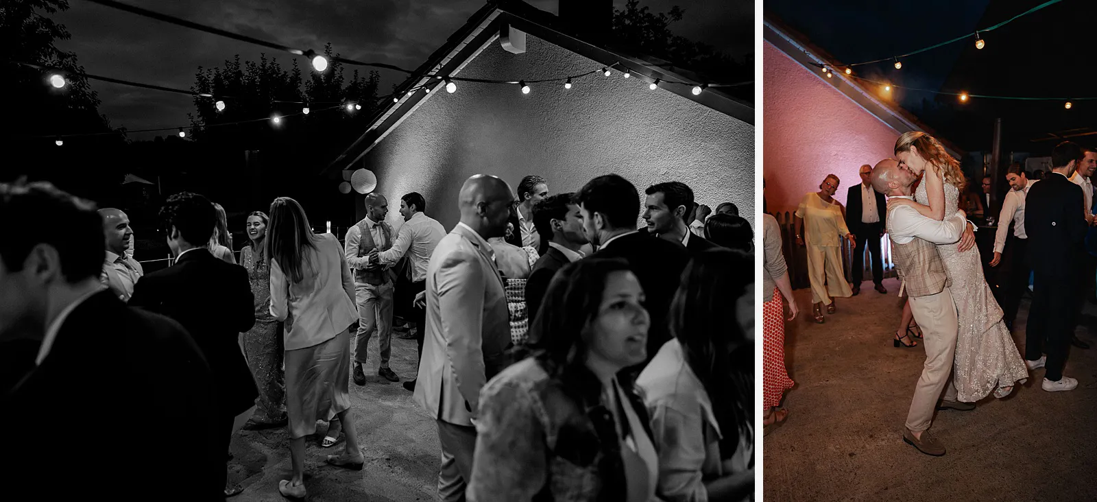 Zweiteilige Collage: Gäste feiern abends unter Lichterketten, daneben hebt der Bräutigam die Braut hoch und küsst sie auf der Tanzfläche – Spessarthof, Aura im Sinngrund, Bayern (Landkreis Main-Spessart).