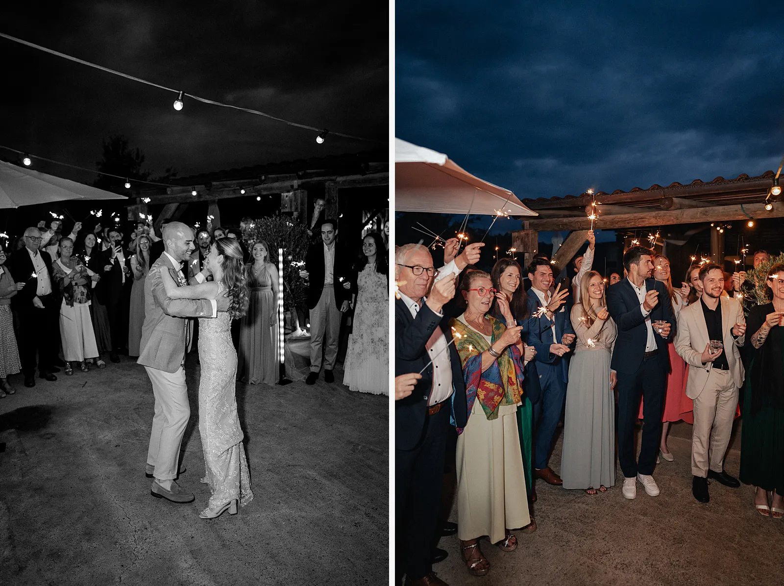 Collage: Erster Tanz am Abend und Gäste mit Wunderkerzen unter Lichterketten – Spessarthof, Aura im Sinngrund, Bayern (Naturpark Bayerischer Spessart).